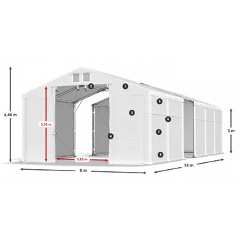Zahradní stan Skladový stan 8x14x3m střecha PVC 580g/m2 boky PVC 500g/m2 konstrukce POLÁRNÍ Bílá Bílá Bílá