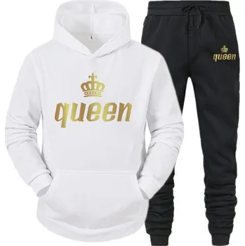 Dámská párová tepláková souprava s potiskem Queen Barevná varianta: Bílá mikina - černé kalhoty, Velikost: L