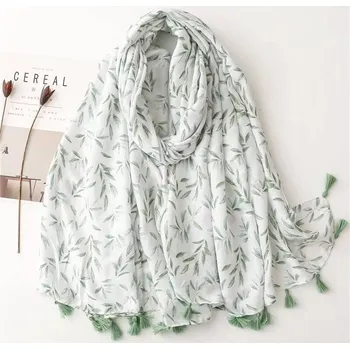 Šála Bavlněný šátek/šála se zelenými lístky 90x180 cm, WHITE ORCHID