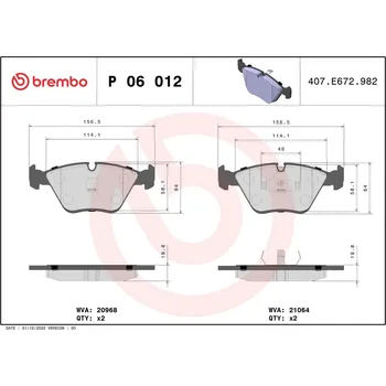 Brzdová destička Sada brzdových destiček, kotoučová brzda BREMBO P 06 012