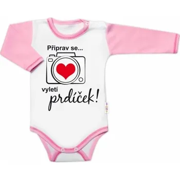 Kojenecký body Body dlouhý rukáv s vtipným textem Baby Nellys, Připrav se....vyletí prdíček, holka, Velikost koj. oblečení 86 (12-18m)