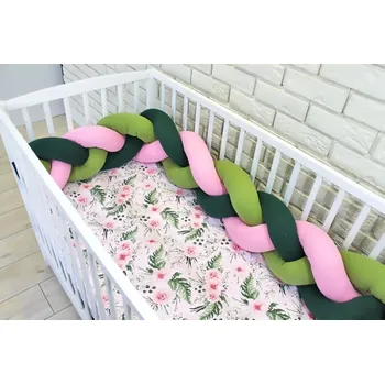 Povlečení Baby Nellys Mantinel pletený cop s povlečením Květinky, 135x100 - zelená, růžová, Velikost povlečení 135x100