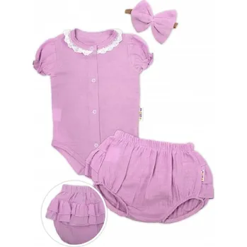 Dětská móda Baby Nellys 3-dílná mušelínová soupravička, body, kraťasky + čelenka GIRL, lila, Velikost koj. oblečení 74 (6-9m)