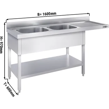 Nerezový dřez G.Gastro Mycí stůl s prostorem na myčku 1,6 m - 2 dřezy vlevo D 40 x Š 40 x H 25 cm