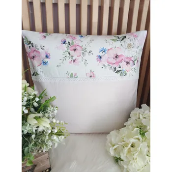 Povlak na dekorativní polštářek Povlak na polštář 40 x 40 cm – Květy jabloně s růžovou | Ruční výroba z bavlny