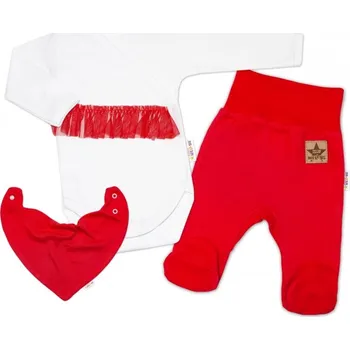Dětská móda Baby Nellys 3-dílná sada Body dl. rukáv s tutu, šátek, polodupačky, červená, bílá, Velikost koj. oblečení 68 (3-6m)