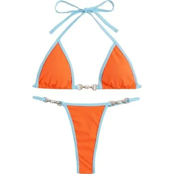 Dámské plavky Dámské dvojdílné plavky - mikro bikiny - s ozdobným řetízkem Barevná varianta: Oranžová, Velikost: L