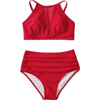 Dámské plavky Dámské plavky dvojdílné s vysokým pasem a průsvitným výstřihem (1-8) Barva: červená (B5058RE), Velikost: L