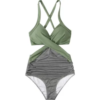 Dámské plavky Dámské plavky jednodílné s křížením přes hrudník Barva: zelená s proužky (B4618GT), Velikost: S