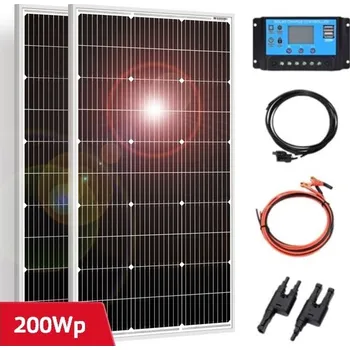 solární set Solární set, 2x solární panel v hliníkovém rámu 970x565mm (celkem 200Wp), PWM Regulátor 20A, kabel pro připojení solárních panelů, kabel pro připojení k baterii 12 nebo 24V (Solární panel 100Wp, solární regulátor, rámový solární panel)