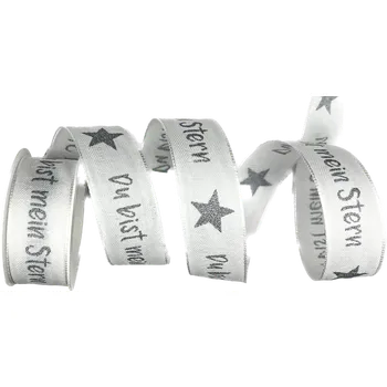 Stuha Stuha taftová TY JSI MÁ HVĚZDA bílá stříbrný potisk 25mm x 3m (3,30 Kč/m) (Taftová bílá stuha, jednostranný stříbrný potisk, s drátkem v lemu)