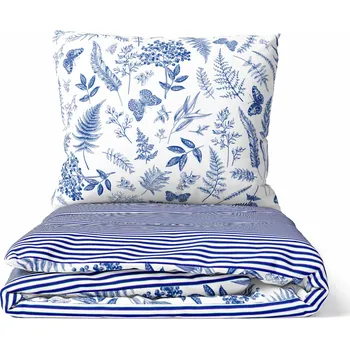 Povlečení DARRÉ Bavlněné povlečení V kapradinách s pruhem - bílomodrá Velikost: 140 x 200 + 70 x 90