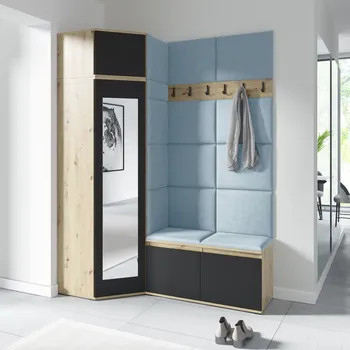 Předsíňová stěna Eka Předsíňová stěna s čalouněnými panely Trinity 37 - Dub Artisan s černou / Světlá modrá 2322