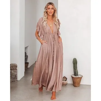 Dámské oblečení Dámské letní maxi šaty s hlubokým výstřihem Barva: Khaki