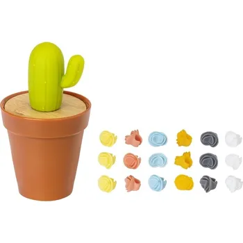 Kaktusová sada na víno se zátkou, 18 rozlišovačů a květináčem s bambusovým víčkem Vigar (Barva-Žlutá, modrá, bílá, šedá, hnědá, oranžová, zelená, purpurová)