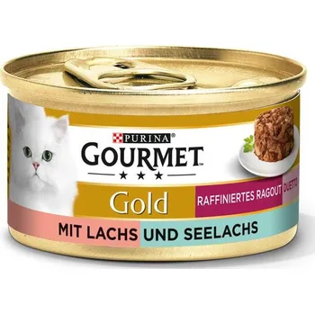 Krmivo pro kočku Krmivo pro kočky značky GOURMET Gold Rafinované ragú Duetto s lososem a treskou tmavou 12 × 85 g