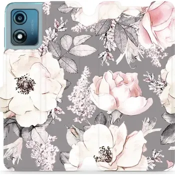 Pouzdro na mobilní telefon Flipové pouzdro Mobiwear - Motorola Moto E13 - MX06S Květy na šedém pozadí (Knížkové flip pouzdro, obal, kryt na mobil Motorola Moto E13 - MX06S Květy na šedém pozadí, materiál Umělá kůže + TPU - ochrana 360°, stojánek, silikonová vanička, magnetické)