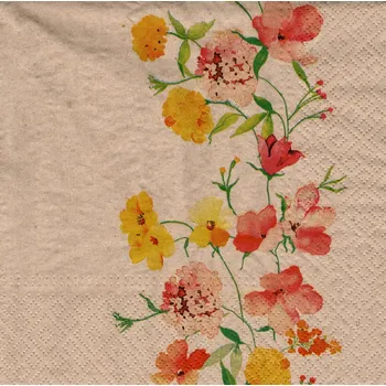 Papírový ubrousek UBR-E66, Ubrousek, 16x16 cm, BAREVNÉ KVĚTY NA SVĚTLE HNĚDÉM, 1 kus