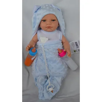 Panenka Realistické miminko - chlapeček Sebík v modrém overalu bez rukávů od španělské firmy Marina & Pau (R.N. Bath Time Blue - 45 cm - baleno v sáčku)