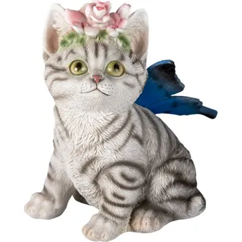 Dekorativní soška kočky s květinami a křídly – 12x10x15 cm