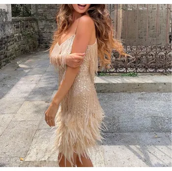 Dámské šaty Dámské večerní mini šaty zdobené flitry a peříčky Barva: zlatá LYQ63, Velikost: XXL