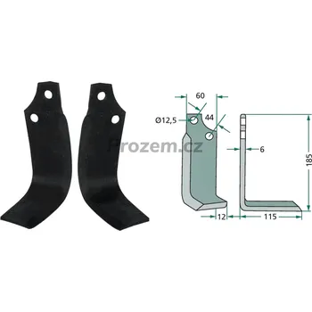 Fréza Frézovací zahnutý nůž levý pro Maschio, M19100422R, 19100416, 44/12,5/185 mm