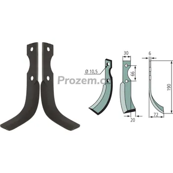 Pracovní nůž Frézovací zahnutý nůž pravý pro B.C.S, Bertolini, Ferrari, Grillo, S.E.P., 14001700S, 7085, 63200, 66/10,5/190 mm
