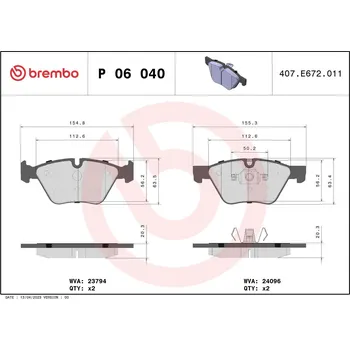 Brzdová destička Sada brzdových destiček, kotoučová brzda BREMBO P 06 040