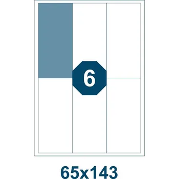 Speciální papír Samolepicí etikety, délka 65 mm, šířka 143 mm, 6 ks na archu A4, 100 listů/bal.