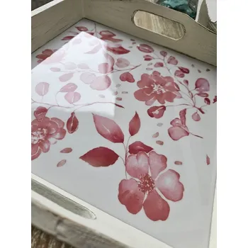 2ks dřevěný podnos s květinovým dekorem Tray Roses - 39*39*5/ 35*35*4 cm