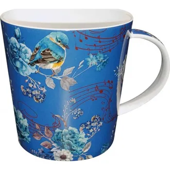 Porcelánový hrnek Ledňáček a noty, 400 ml (Hrnek s ptáčkem, ptáček, ptáčci, kostní porcelán)