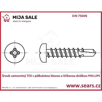 Šroub DIN 7504N - P 3,5x 16 ZINEK BÍLÝ Šroub samovrtný TEX s půlkulatou hlavou a drážk. PHILLIPS