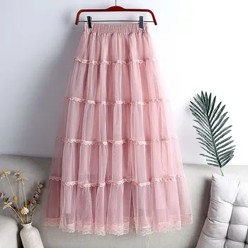 Dámská sukně Dámská tylová maxi sukně s vysokým pasem a krajkovými detaily Barva: Růžová