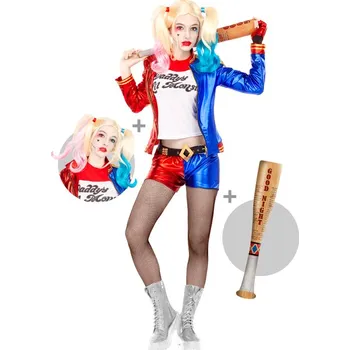 Funiglobal - Kostým Harley Quinn s parukou a nafukovací pálkou pro ženy - - L