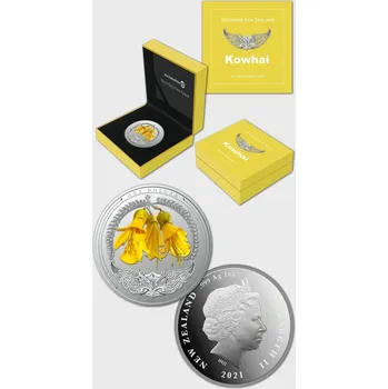 (2021) stříbrná mince 1$ (Ag, 1 oz.) - Nový Zéland - Kowhai (proof) barevná