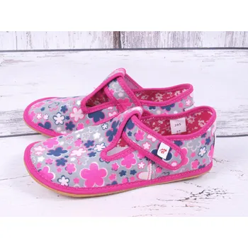 Dívčí bačkory Bačkůrky capáčky balerínky BAREFOOT EF 395 Kwiaty Fluo šedorůžové květované velikost: 33