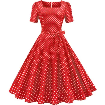 Dámské šaty Retro šaty s puntíky a krátkými rukávy Velikost: S, Barva (Varianta): Červená