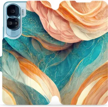 Pouzdro na mobilní telefon Flipové pouzdro Mobiwear - Honor 90 Lite 5G - VP36S Azurový a oranžový mramor (Knížkové flip pouzdro, obal, kryt na mobil Honor 90 Lite 5G - VP36S Azurový a oranžový mramor, materiál Umělá kůže + TPU - ochrana 360°, stojánek, silikonová vanička,)