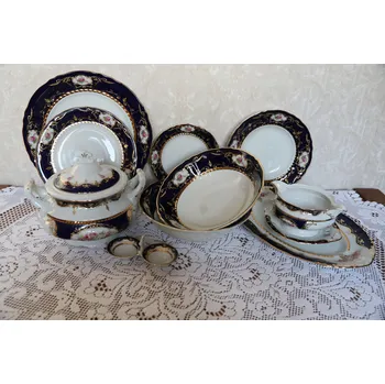 Jídelní set Sonáta, Luxusní jídelní souprava 25-ti dílná, zdobená růžemi, kobaltem a zlatem