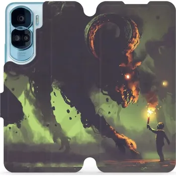 Pouzdro na mobilní telefon Flipové pouzdro Mobiwear - Honor 90 Lite 5G - VA08P Příšera a kluk s pochodní (Knížkové flip pouzdro, obal, kryt na mobil Honor 90 Lite 5G - VA08P Příšera a kluk s pochodní, materiál Umělá kůže + TPU - ochrana 360°, stojánek, silikonová vanička,)