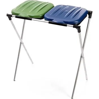 Venkovní odpadkový koš MEVA-TEC Dvoj-stojan na pytel s plastovými víky – modro-zelený