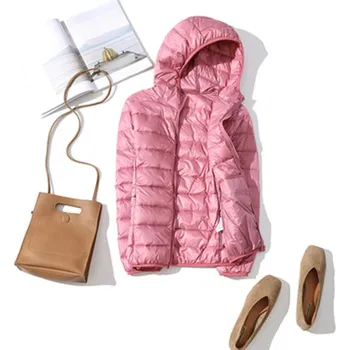 Dámská casual bunda Dámská jarní/podzimní prošívaná bunda s kapucí plněná kachním peřím Barva: Růžová, Velikost: 4XL