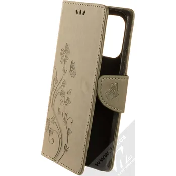 Pouzdro na mobilní telefon 1Mcz Cataclysm Motýli na kytičkách 1 Book flipové pouzdro pro Xiaomi Mi 11i, Poco F3 šedobéžová (taupe)