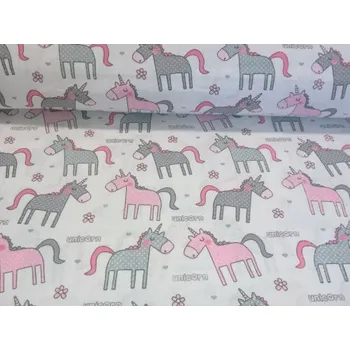 Plátno bavlněné - unicorn a kytka na bílé, metráž, látky