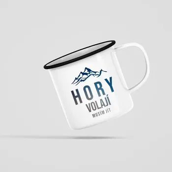 Žertovný předmět Hory volají - musím jít - keramický smaltovaný hrneček s potiskem