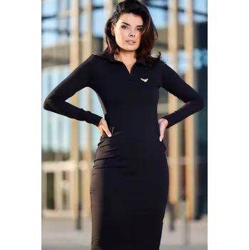 Dámské šaty Vypasované šaty s dlouhými rukávy a límečkem A605 Barva: Černá, Velikost: M