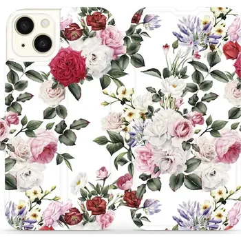 Pouzdro na mobilní telefon Flipové pouzdro Mobiwear - Apple iPhone 15 Plus - MD01S Růže na bílé (Knížkové flip pouzdro, obal, kryt na mobil Apple iPhone 15 Plus - MD01S Růže na bílé, materiál Umělá kůže + TPU - ochrana 360°, stojánek, silikonová vanička, magnetické zavírání)