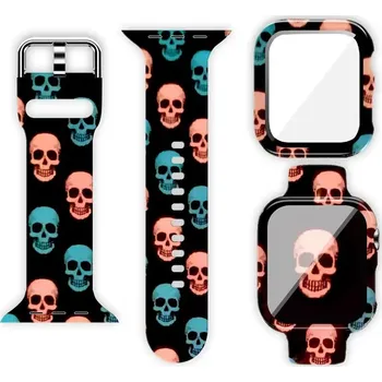 Řemínek na hodinky Řemínek + ochranné pouzdro s tvrzeným sklem pro Apple Watch barevné 44mm Barvy: Lebky - barevné