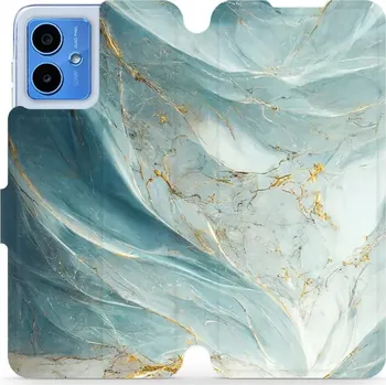 Pouzdro na mobilní telefon Flipové pouzdro Mobiwear - Motorola Moto G14 - VP34S Zelenkavý a zlatavý mramor (Knížkové flip pouzdro, obal, kryt na mobil Motorola Moto G14 - VP34S Zelenkavý a zlatavý mramor, materiál Umělá kůže + TPU - ochrana 360°, stojánek, silikonová vanička,)