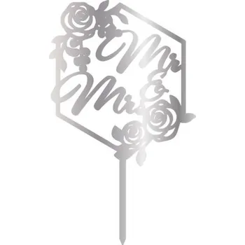 Svatební dekorace Cesil plastový zápich do dortu stříbrný Mr & Mrs s růžemi